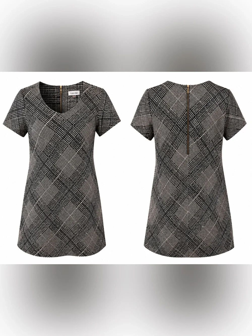 Calvin Klein Women’s Size 14 Black Gray Plaid Short Sleeve Shift Dress Back Zip